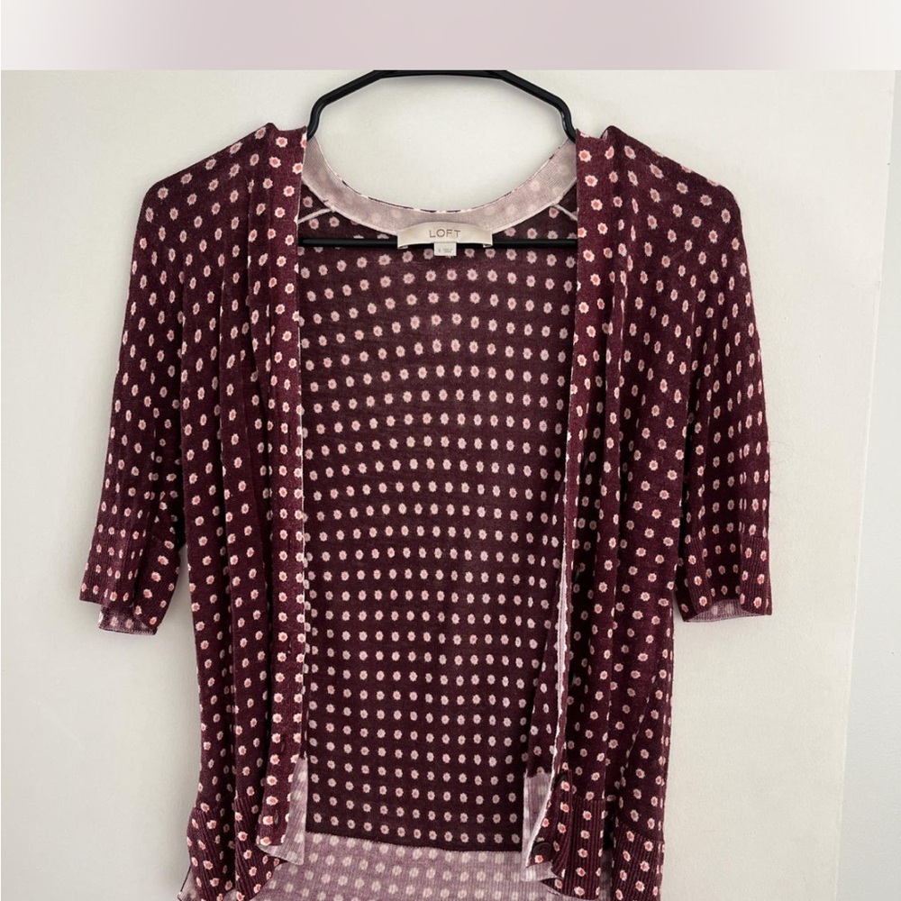 LOFT Women's Burgundy and Pink Polka Dot Blouse